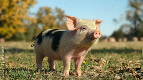 Young Pot Belly Pig standing in the field, looking to the right, with a peaceful blue sky and blurred trees in the distance.