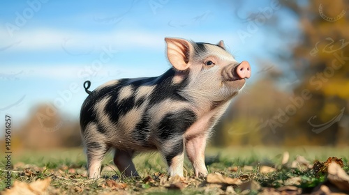 Young Pot Belly Pig standing in the field, looking to the right, with a peaceful blue sky and blurred trees in the distance.