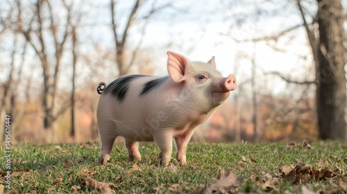 Young Pot Belly Pig standing still in the grass, looking to the right, with blurred trees and a bright sky above.