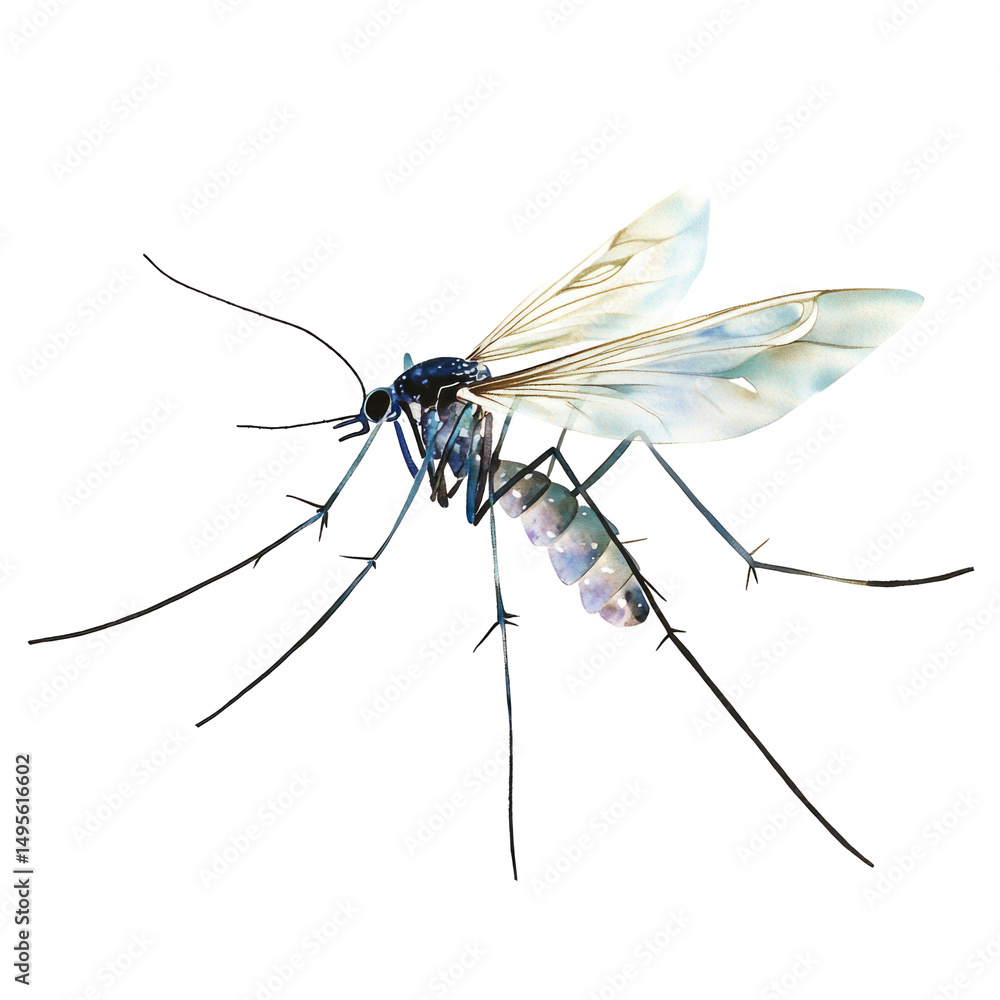 A detailed illustration of a mosquito with translucent wings on a stark black background in high resolution A detailed illustration of a mosquito with translucent wings on a stark black background in high resolution