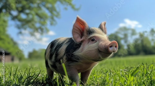 Young Pot Belly Pig with adorable ears, standing in green grass and gazing right, while the blue sky and trees are softly blurred.
