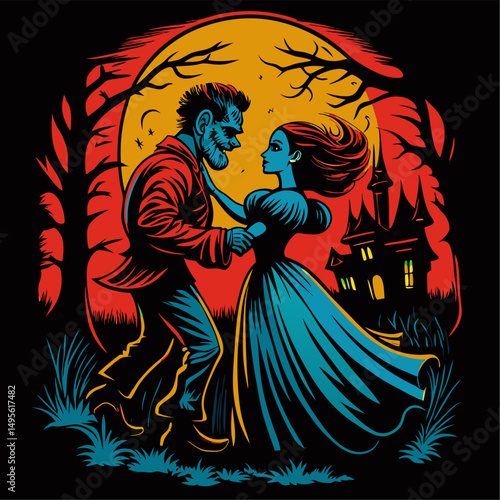 Gothic romance under a blood moon a creature and a maiden dance
