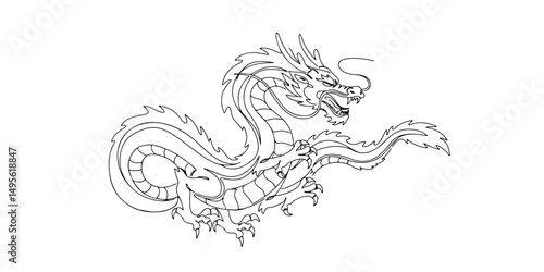 Continuous single line drawing of  dragon art style vector illustration. Chinese festival line art, tattoo, coloring book , poster, and wallpaper.