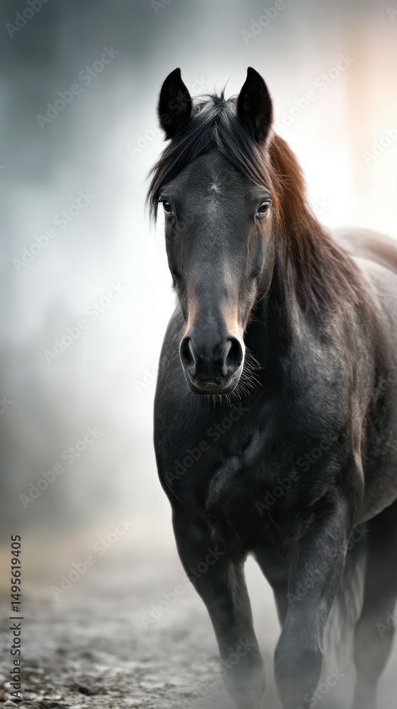 Majestic black horse walking through misty landscape during early morning light Majestic black horse walking through misty landscape during early morning light