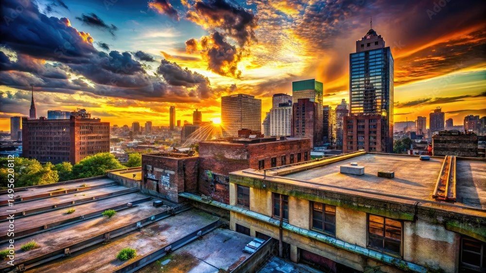 Obraz premium Urban Exploration Photography: Business Success, Abandoned Buildings, Cityscape, Industrial, Gritty, Achievement, Rooftop Views, Modern, Progress, Aspirational