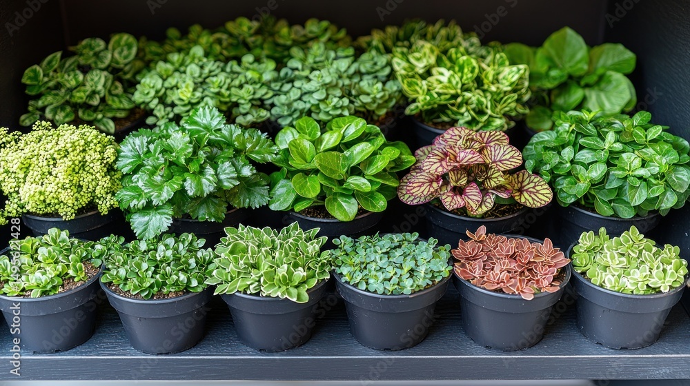Potted plants diverse greenery in neat rows