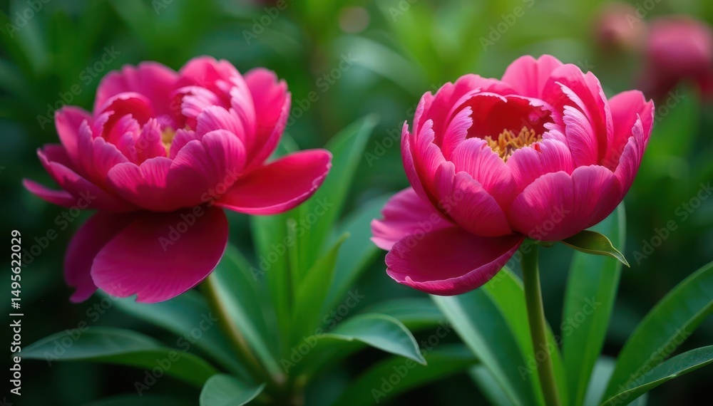 Fototapeta premium Bold peony blooms in vibrant hues, lush green leaves, spring, rich