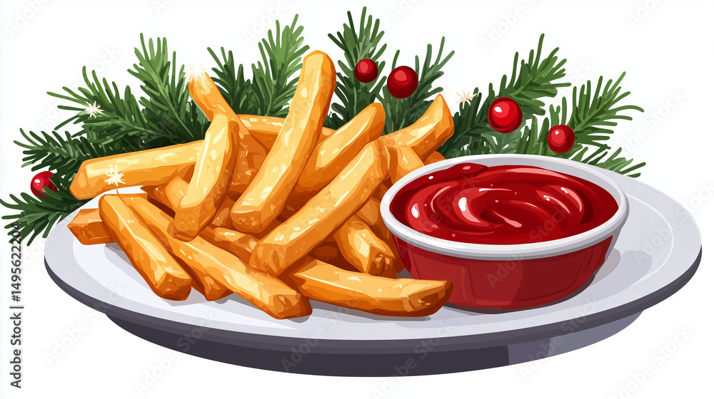French fries with greens in a plate with ketchup, Wooden plate of delicious French fries with ketchup on white background
French fries with greens in a plate with ketchup, Wooden plate of delicious French fries with ketchup on white background
