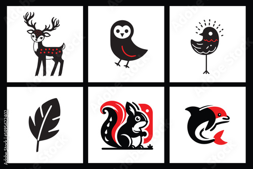 Infant Visual Stimulation Patterns, Black and white flash card with high contrast for baby vector, animals	