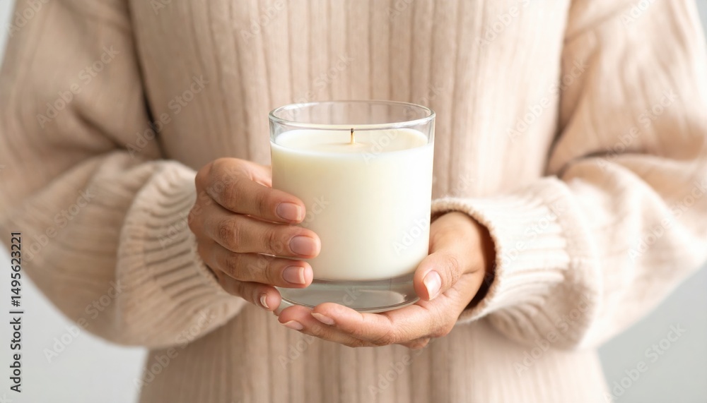 Woman's Hands Gently Holding a Lit Scented Candle in a Glass Jar Cozy Winter Atmosphere Woman's Hands Gently Holding a Lit Scented Candle in a Glass Jar Cozy Winter Atmosphere