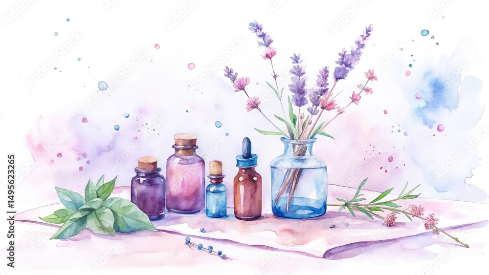 herb native herb essential oil. A watercolor illustration of various glass bottles filled with essential oils, surrounded by lavender sprigs and leaves, creating a serene and natural ambiance. herb native herb essential oil. A watercolor illustration of various glass bottles filled with essential oils, surrounded by lavender sprigs and leaves, creating a serene and natural ambiance.
