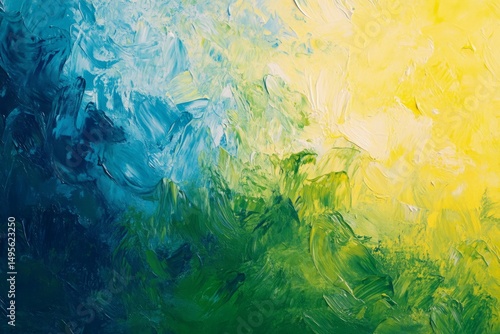 Photo of Many rough green and yellow smears of acrylic oil paint on flat surface. Background texture for backdrops or mapping