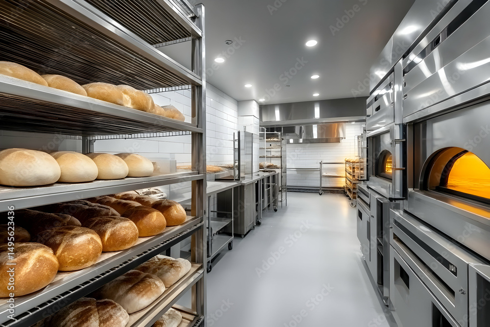 custom made wallpaper toronto digitalA modern bakery interior featuring freshly baked bread on metal racks. Spacious and well-lit, this commercial kitchen is designed for efficiency and creativity.