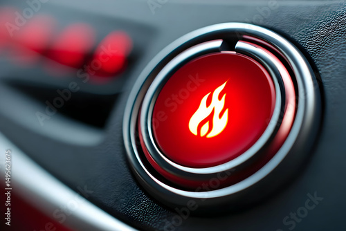Close-up image of a red ignition button with a flame symbol, representing power and energy in modern car technology.