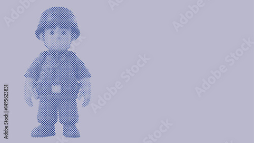 Halftone dot pattern of A cartoon soldier wearing a uniform and helmet
