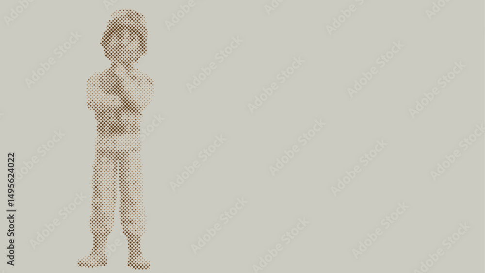Obraz premium Halftone dot pattern of A cartoon soldier wearing a uniform and helmet