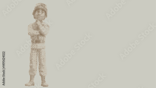 Halftone dot pattern of A cartoon soldier wearing a uniform and helmet