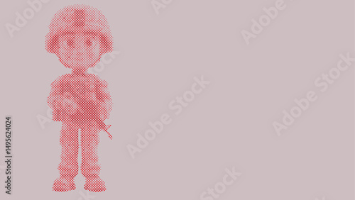 Halftone dot pattern of A cartoon soldier wearing a uniform and helmet