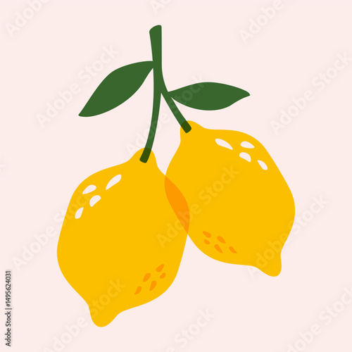 Lemon on branch. Abstract citrus with leaves, botanical floral elements with citrin fruits, modern fresh lemonade ingredient riso print effect. Vector lemons tree illustration