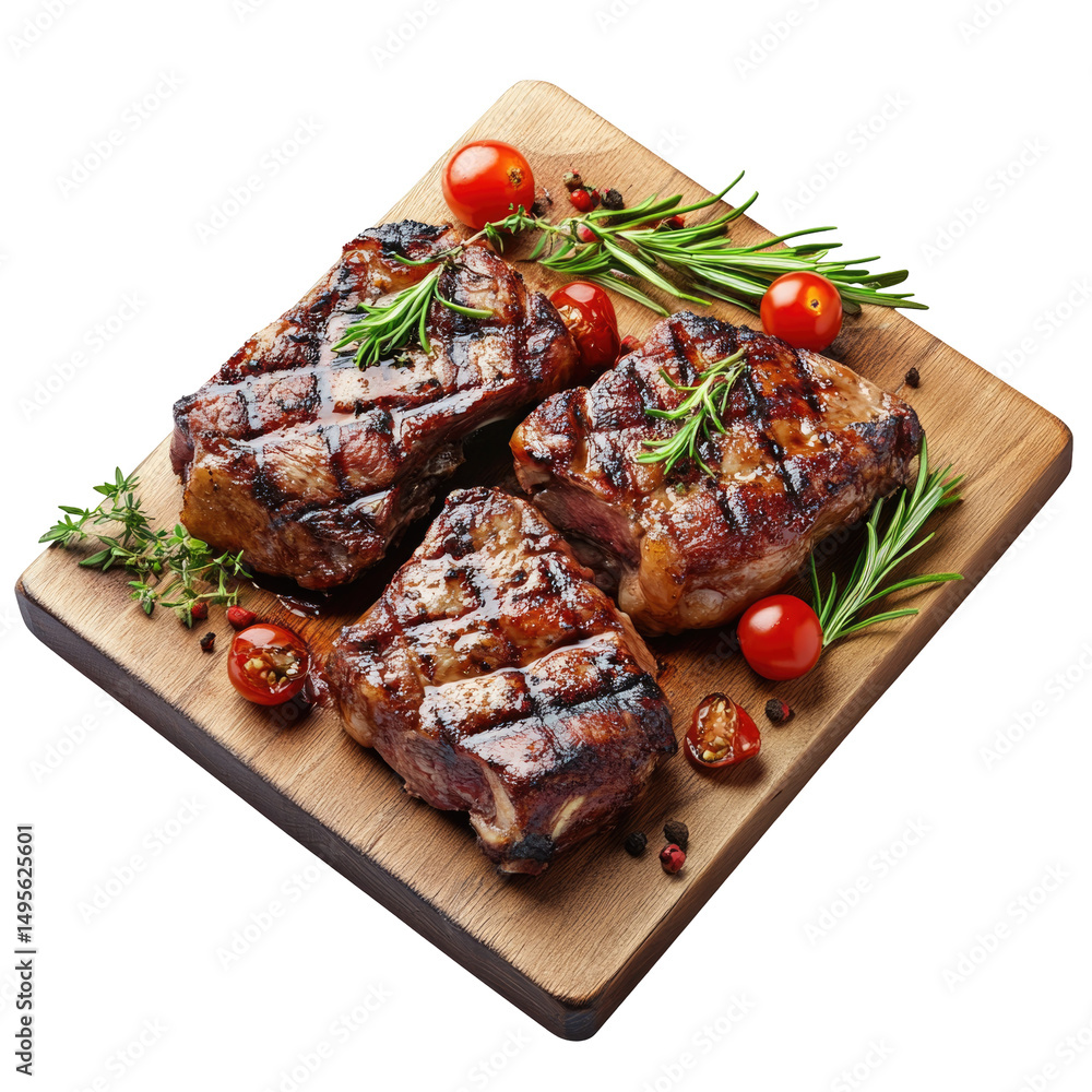 Three grilled steaks garnished with rosemary and tomatoes on a wooden cutting board against a black background Three grilled steaks garnished with rosemary and tomatoes on a wooden cutting board against a black background