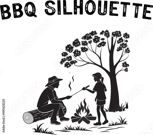 Outdoor Barbecue Scenes in Black & White. Family Cookout Black Vector Set.