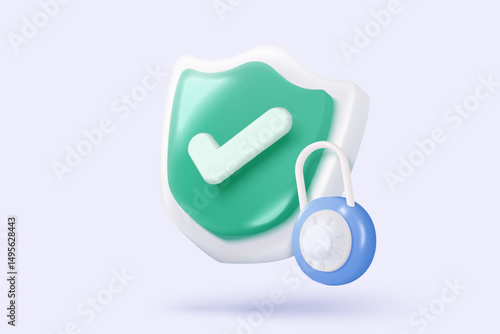 3D shield protection icon with check mark for online payment safety concept. Check mark, correct in minimalist style. 3d quality guarantee icon vector render illustration