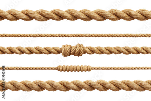 A detailed view of multiple strands of brown rope with varying thickness and knots against a black background