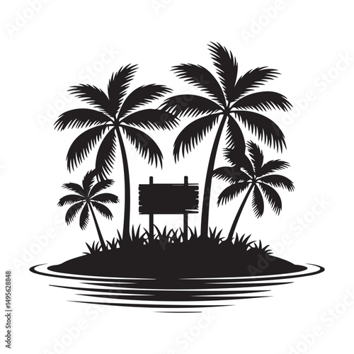 Tropical island with trees, Vector black silhouette. with white background