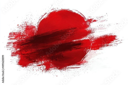 Red sun-like sphere, brush stroke texture, paint splatter