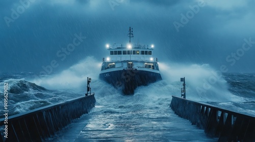 Powerful vessel navigating stormy sea