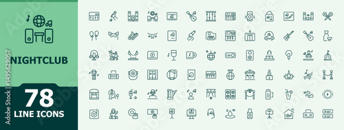 Nightclub linear icon set. Contains such symbols as night, cocktail, party, bar. Entertainment icon set. Minimalist vector collections. Vector illustration in modern line style.