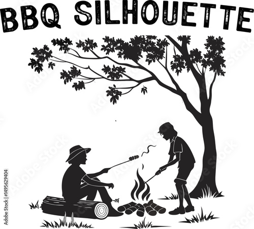 Outdoor Barbecue Scenes in Black & White. Family Cookout Black Vector Set.