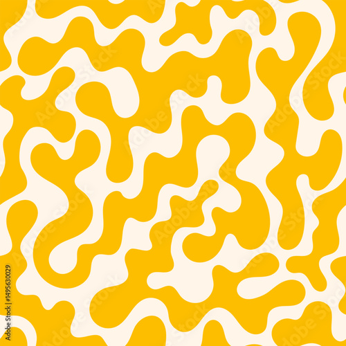 Psychedelic seamless pattern with abstract silhouette organic shapes. Vector flat funky background. Wavy liquid distorted shapes