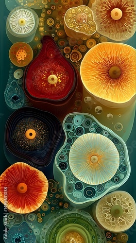 Microscopic Wonders: Vibrant, abstract representation of cellular structures showcasing the beauty and complexity of life at the microscopic level, inspiring awe and wonder.