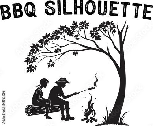 Outdoor Barbecue Scenes in Black & White. Family Cookout Black Vector Set.