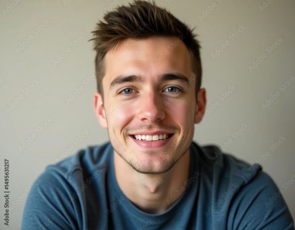 Fototapeta premium A young Belarusian man with stylish hair and a warm smile poses for the camera. The soft background accentuates his relaxed demeanor, showcasing a moment of joy and charm indoors Generative AI