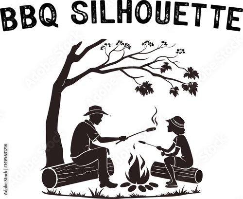 Outdoor Barbecue Scenes in Black & White. Family Cookout Black Vector Set.