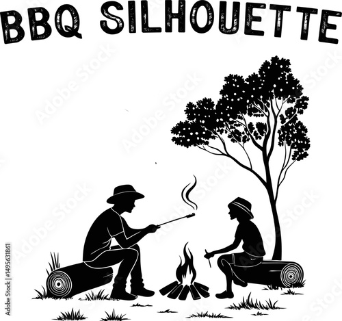 Outdoor Barbecue Scenes in Black & White. Family Cookout Black Vector Set.