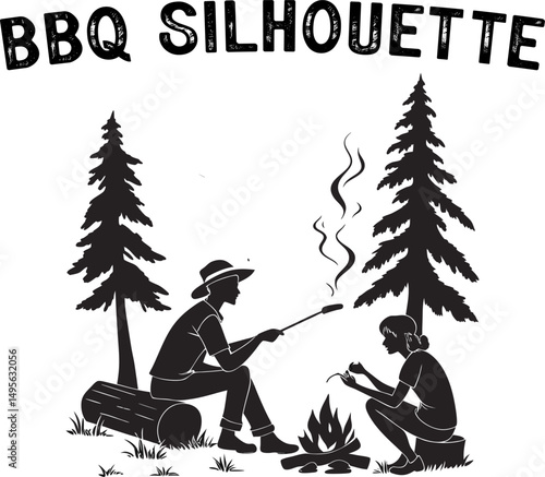 Outdoor Barbecue Scenes in Black & White. Family Cookout Black Vector Set.