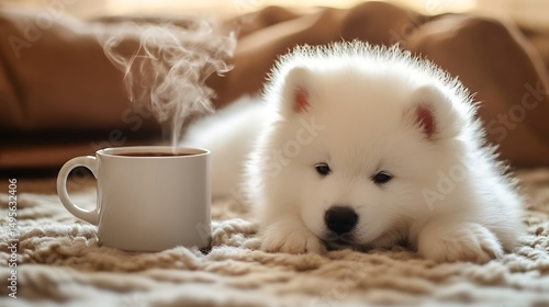 A samoyed puppy sleeping in a wicker basket, looking peaceful