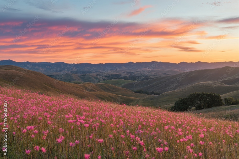Obraz premium Field of pink flowers at sunset with rolling hills, for backgrounds and wallpapers.