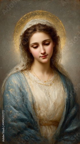Divine Portrait of the Virgin Mary with Golden Halo — Classical Religious Oil Painting