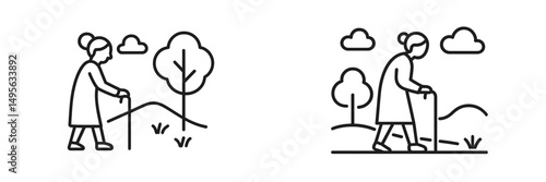 Older woman hiking with walking stick among trees and hills during daytime