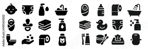 Silhouettes of baby care essentials and bath items in a simple, monochromatic design for parents