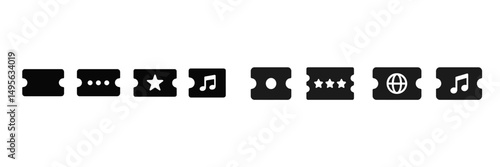 Different styles of tickets displayed side by side in a minimalist black and white design featuring icons for music, events, and more