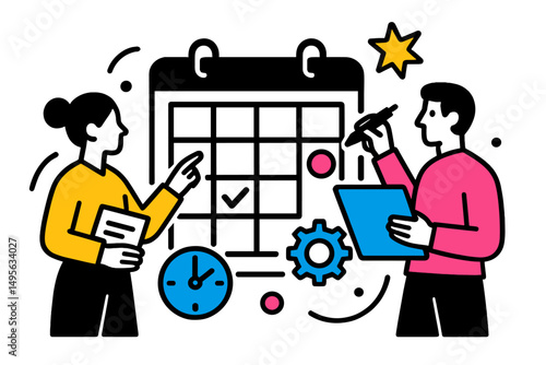 Professionals discussing schedule planning with a calendar and tasks in an office setting during working hours