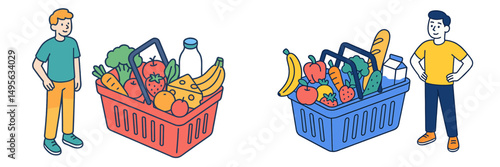 Different grocery baskets filled with fresh fruits and vegetables attractively illustrated with vibrant colors