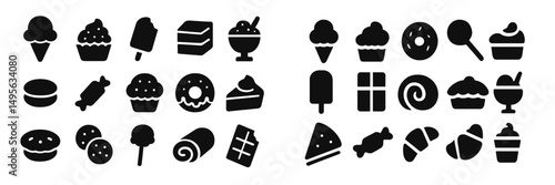 Variety of dessert icons featuring ice cream, cakes, and candies arranged in a playful layout