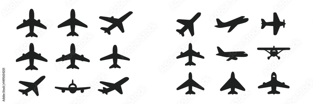 Silhouettes of various aircraft arranged in grid pattern showcasing different types and sizes of planes Silhouettes of various aircraft arranged in grid pattern showcasing different types and sizes of planes