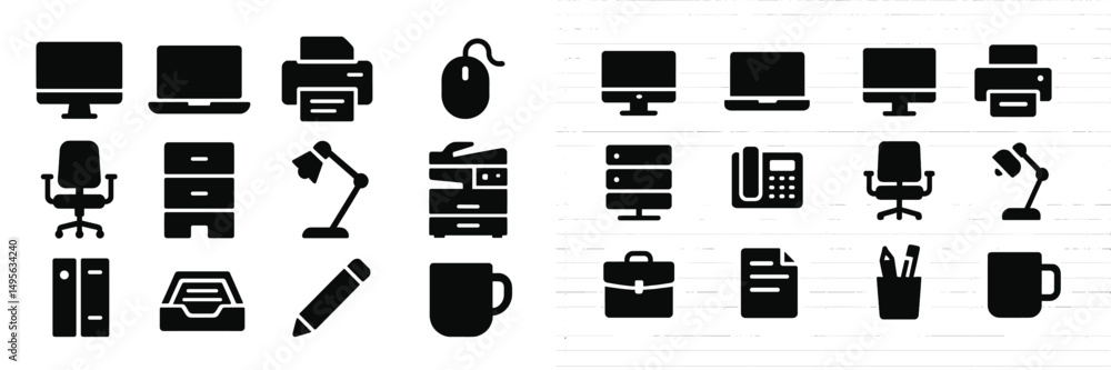 Various black office icons representing different elements of a modern workspace and office supplies Various black office icons representing different elements of a modern workspace and office supplies